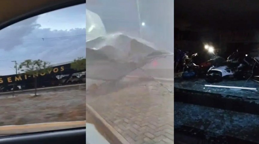 Chuva com ventos fortes causa desabamento de teto de loja de veículos e queda de postes na entrada de Patos