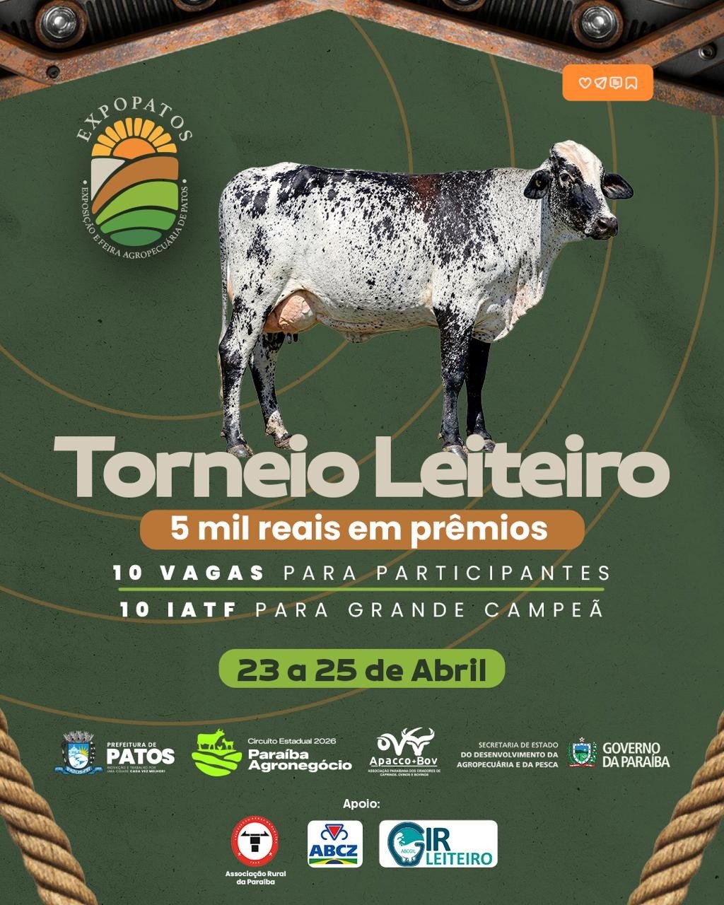 ExpoPatos 2026 terá Torneio leiteiro com premiação aos primeiros ganhadores; veja como se inscrever