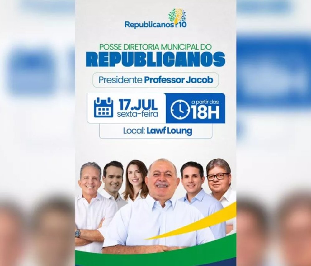 Professor Jacob toma posse como presidente do Diretório Municipal do Republicanos em Patos; evento contará com Hugo Motta e Nabor Wanderley