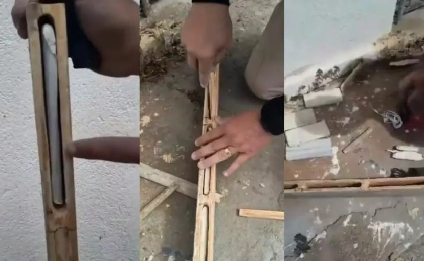 Policiais penais encontram celulares e acessórios escondidos dentro de tábua na área externa do Presídio Romero Nóbrega, em Patos